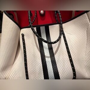 Perforated White Tote Bag with Black Trim and Stripe